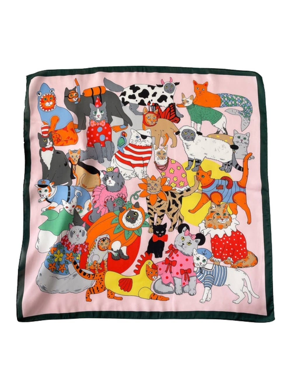 Silk-feel Pink Cat Print Silk-Look Scarf with Dark Green Border Head, Neck 70*70